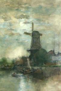 A Moonlit Windmill by Fredericus Jacobus Van Rossum Chattel