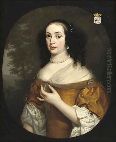 Portrait of Isabella Bellasis (died 1676), half-length, in a yellow dress and lace chemise, a landscape beyond, in a painted oval - view 1