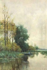 A fisherman in a punter in a polder landscape