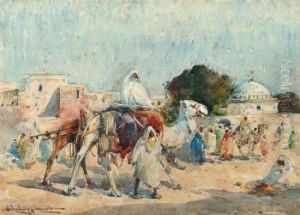 Arabs And A Camel On The Edge Of A Town by Edward Aubrey Hunt