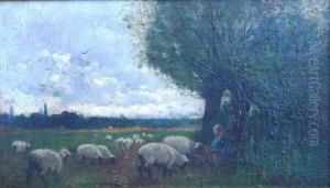 Shepherdess Seated Beneath Tree With Sheep In Foreground Shepherdess Seated Beneath Tree With Sheep In Foreground