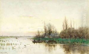 An autumn afternoon with an angler in a rowing boat by Fredericus Jacobus Van Rossum Chattel