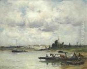 On The Marne,figures And Horses On A Ferryboat