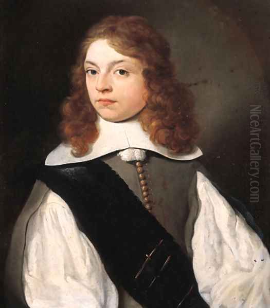 Portrait of Pieter van Heemskerck (1637-1716), half length, wearing grey costume with slashed sleeves, lace shirt and black sash, in a painted oval - view 1