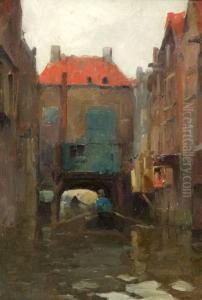 Canal Scene In Dordrecht, Holland, Signed And Titled On The Stretcher