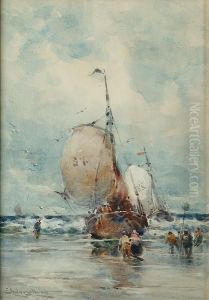 Fishing Boats On A Beach by Edward Aubrey Hunt