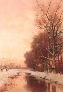 A snow-clad landscape at dusk by Fredericus Jacobus Van Rossum Chattel
