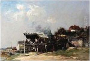 Shipbuilding, Signed, Oil On Canvas, 45 X 64 Cm.; 17 3/4 X 25 In by Edward Aubrey Hunt