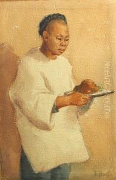 Chinese Girl Holding A Dish; Chinese Man Ironing (a Pair) - view 1