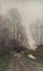 Sheep on a sandy path by a bridge by Fredericus Jacobus Van Rossum Chattel