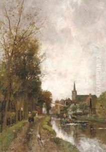 Houses along a river by Fredericus Jacobus Van Rossum Chattel