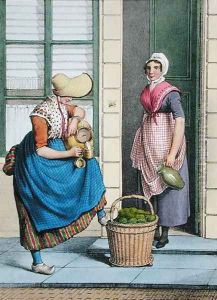 A woman selling milk and vegetables, illustration from 'Collections des Costumes des Provinces Septentrionales du Royaume des Pays Bas...', 1828 by Johannes Franciscus Christ