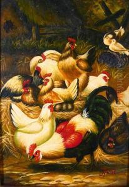 Barnyard Scene With Rooster And Chickens - view 1