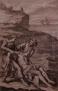 The shepherds Strephon and Klaius rescuing Musidorus from drowning, from 'Arcadia' by Elisabeth Sophie Cheron