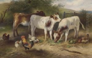 Calves, Chickens And A Cockerel by Walter Hunt
