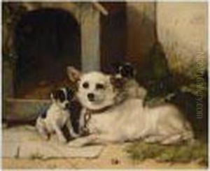 Mother And Puppies Resting by Walter Hunt