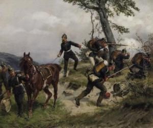 Soldiers In Battle On A Hillside. Signed Bottom Right: E. Hunten by Emil Hunten