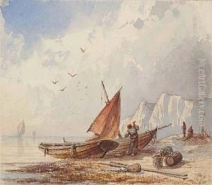 Fishing Boats On The Shore Near The White Cliffs Ofrugen by Franz Johann (Wilhelm) Hunten