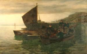 Fisherman Drawing In Nets In Coastal Waters