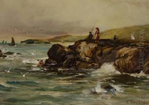 Figures Fishing From Therocks On The Coast