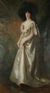 Portrait Of A Young Woman, Full Length, Wearing A White Dress And A Black Hat by John Young Hunter