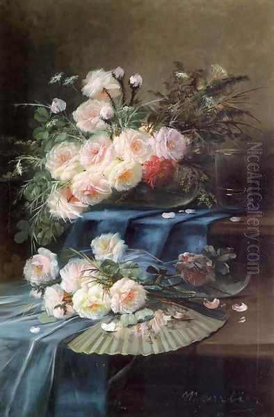 Flowers, Fan and a Glass on Draped Table - view 1