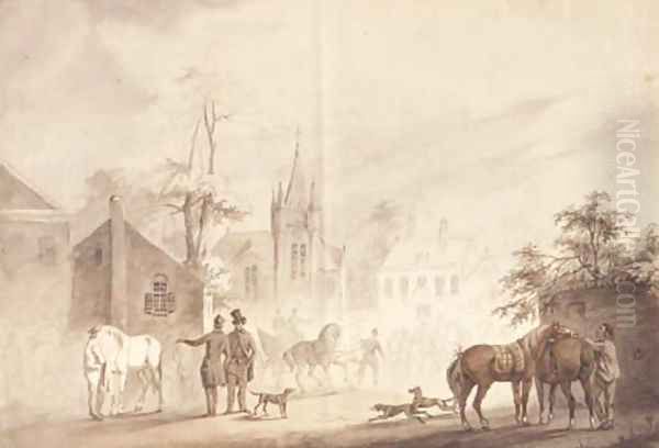 Horsemen by a village square, a church beyond - view 1