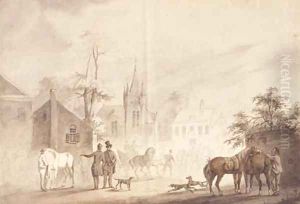 Horsemen by a village square, a church beyond by Conradyn Cunaeus