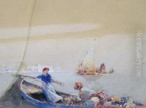 American,-- Figures And Fishing Vessels In The Venetian Lagoon; Gouache, Signed, 32x39cm by Hal Hurst
