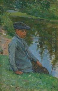 Young Boy On Riverbank by Frank Townsend Hutchens