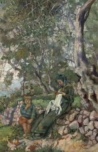 A mother and son by an olive grove before the sea by Nicolo Cannicci