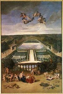 View of the Orangerie at Versailles, from the Piece d'Eau des Suisses and the King's Vegetable Garden with Vertumnus and Pomona, 1688 by Jean II Cotelle