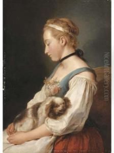 Portrait Of A Young Woman, Half-length, Holding A Spaniel by Charles-Francois Hutin