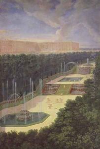 The Groves of Versailles, Perspective View of the Three Fountains with Cherubs Raking and Watering, 1688 by Jean II Cotelle
