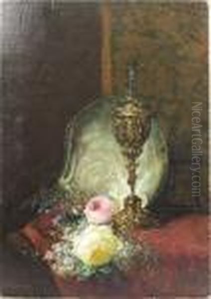 A Still Life Of A Silver-gilt
Cup, A Mother Of Pearl Shell, A Casket And Flowers On A Draped Table - view 1