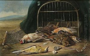 Still Life With Goldfinch, Brambling, Yellowhammer And Grey Wagtail by Francois-Joseph Huygens