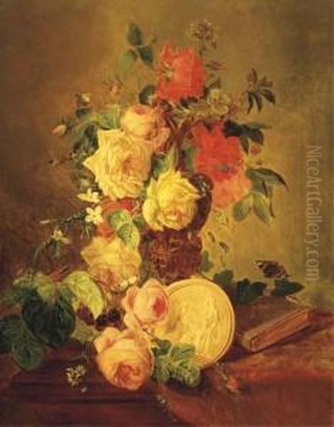 Butterflies By A Mixed Bouquet With Roses - view 1