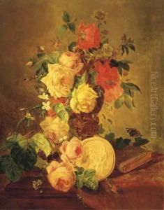 Butterflies By A Mixed Bouquet With Roses
