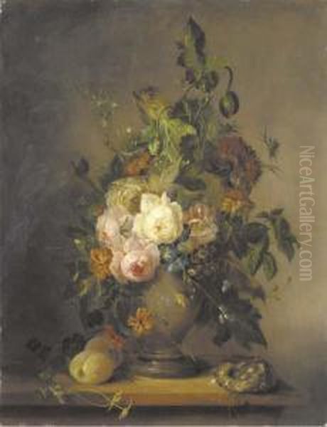Roses, Tulips And Other Flowers In A Vase With Plums And A Bird'snest On A Wooden Ledge - view 1