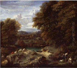 A Wooded River Landscape With A Shepherd Resting Near His Flock by Cornelis Huysmans