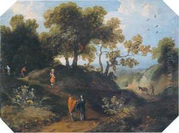 Paesaggio Boschivo Collinare Con Figure Di Contadini - view 1