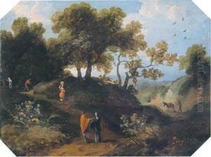 Paesaggio Boschivo Collinare Con Figure Di Contadini by Cornelis Huysmans