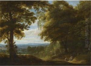 A Wooded Landscape With Two Hunters Resting Beside A Track