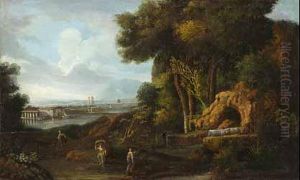 Landschaft Mit Felsgrotte, Im Hintergrund Fluss Und Stadt.