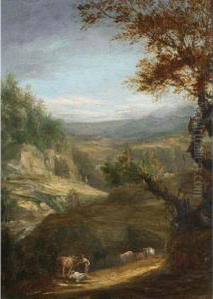 An Extensive Landscape With Drovers And Their Cattle Resting - view 1