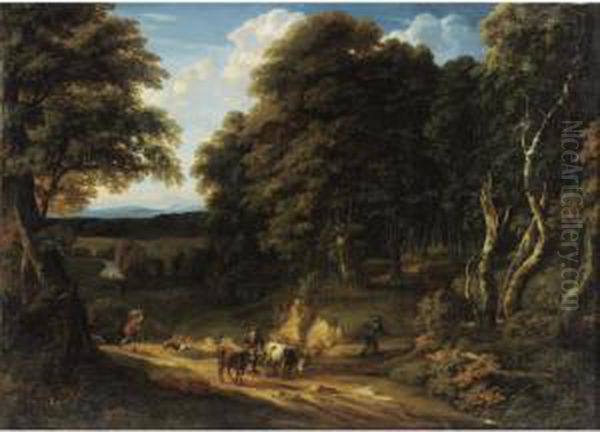 A Wooded Landscape With A Drover
 And Two Heifers On A Road, Two Anglers On The Bank Of A River Beyond - view 1