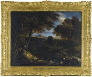Extensive Classical Landscape With Figures Bathing In The Foreground
