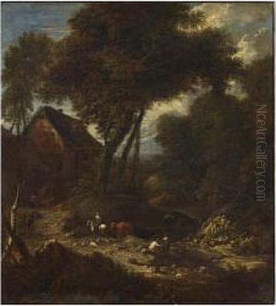 A Wooded Landscape With Women In The Foreground Together With Cattle On A Path - view 1