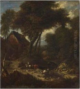 A Wooded Landscape With Women In The Foreground Together With Cattle On A Path