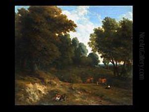 Baumlandschaft Mit Kuhen Und Wanderer